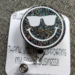 Black Smiley Face Retractable Name Badge Reel ID Holder